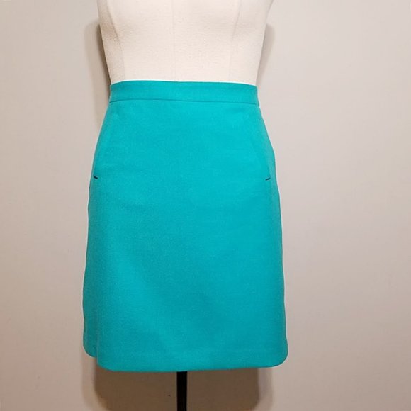 New J Crew Sterling Pencil Skirt 12P Womens Blue Green Double Serge Wool Pockets - Picture 1 of 10